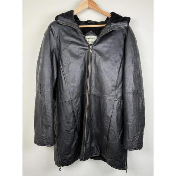 Fitz Wright Black Leather Hooded Coat 1X Genuine Shearling Lined Jacket Vintage - Picture 1 of 9